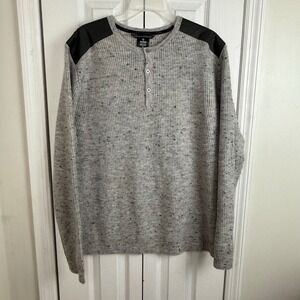 Kuhl Mens XL Gray Merino Wool Blend Henley Sweater Flecked Shoulder Patch